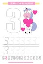 Funny children flashcard number three. Unicorn with hearts learning to count and to write. Coloring printable worksheet for kinder Royalty Free Stock Photo